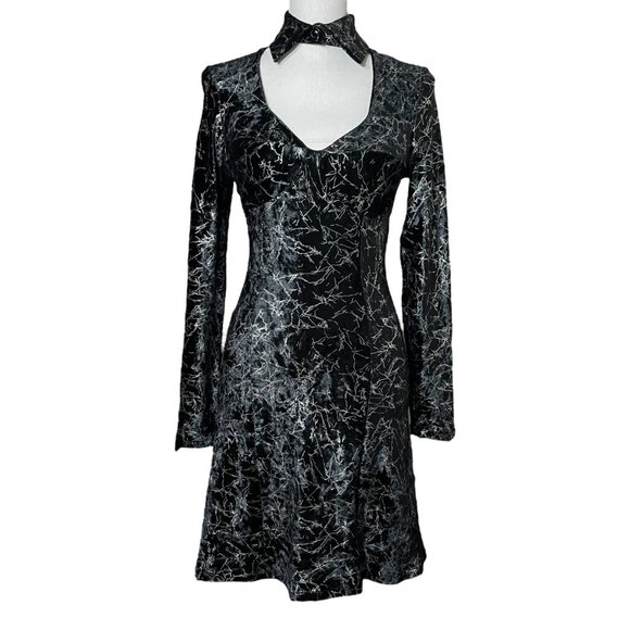 Metallic Velvet Choker Dress M Lightning Silver Crushed A-Line Cutout Skater - Picture 13 of 14